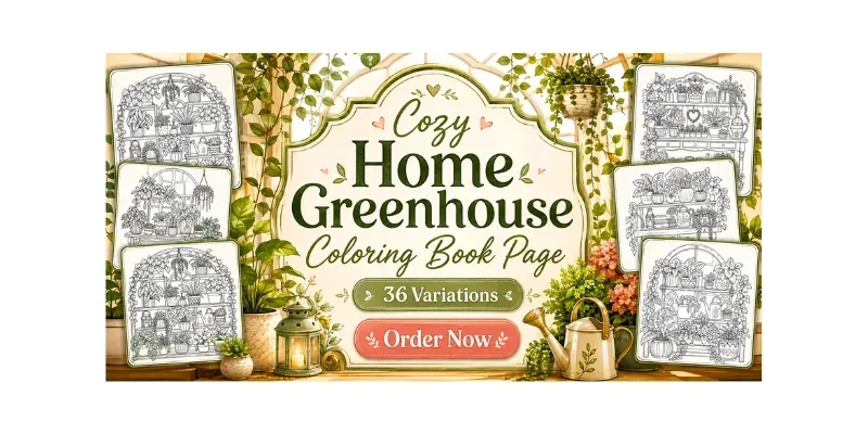 Cozy Home Greenhouse Coloring Book Pages generated by undefined