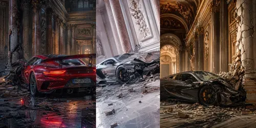 Crashed Supercars In Grand Hall Scenes generated by chatgpt-image