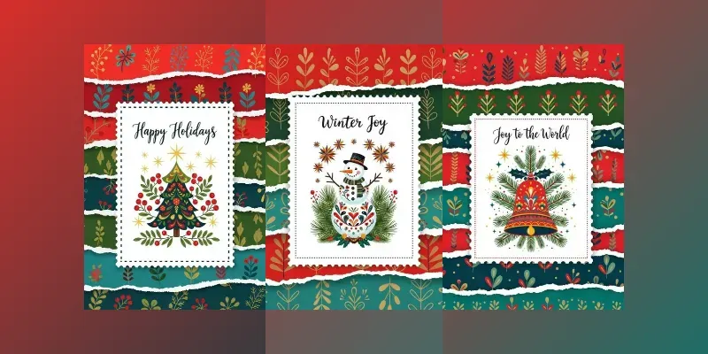 Folk Art Christmas Stamps Cards Clipart generated by undefined