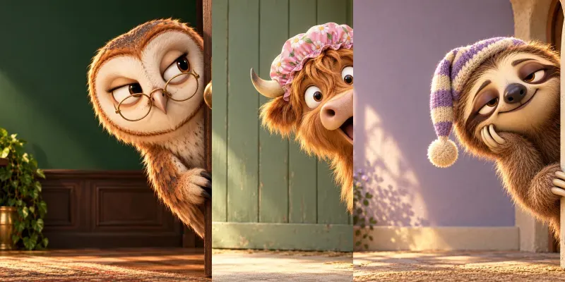 Cartoon Animals Peeking Around Doors