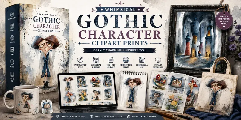 Whimsical Gothic Character Clipart Prints generated by undefined