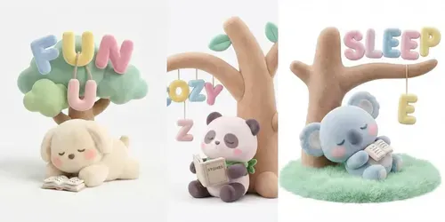 Cute Kawaii Plush Animals Under Trees generated by gemini-image