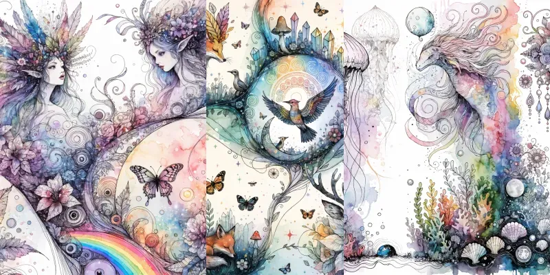 Dreamlike Watercolor Fantasy Collages generated by undefined