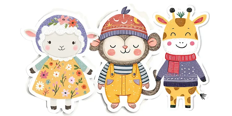 Playful Naive Animal Character Stickers generated by undefined