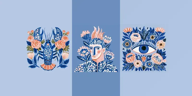 Blue Folk Floral Art generated by undefined