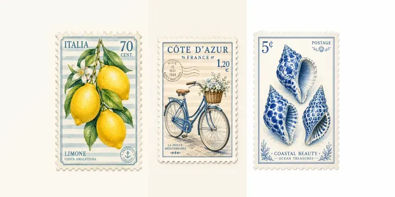 Watercolor Coastal Postage Stamps generated by undefined