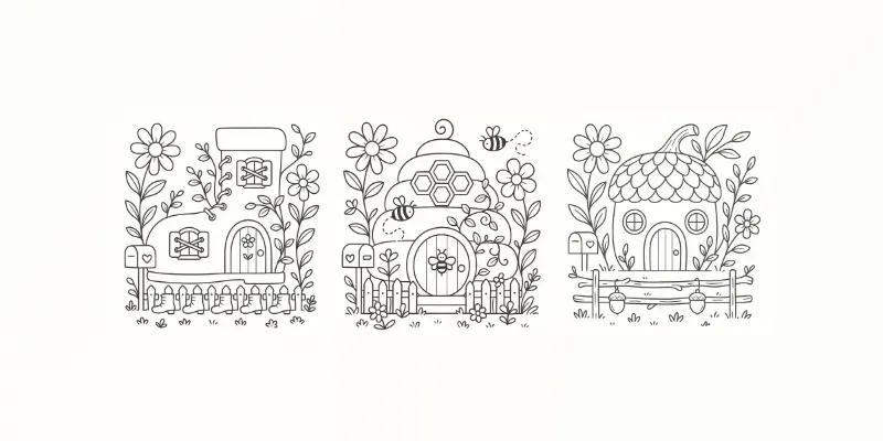 Cozy Fairy Houses Coloring Book Pages generated by undefined