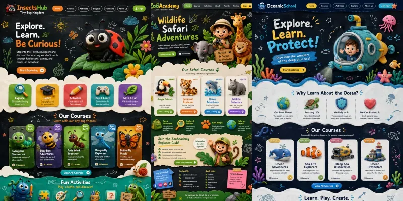 Whimsical Kids Education Website UIs generated by undefined
