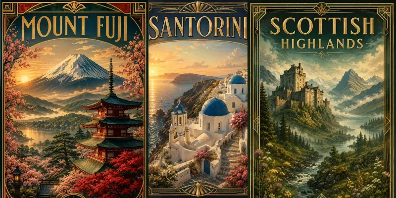 Neodeco Mystic Art Deco Travel Posters generated by undefined