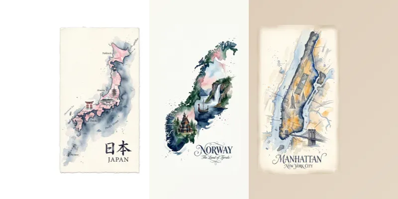 Watercolor Map Travel Posters generated by undefined