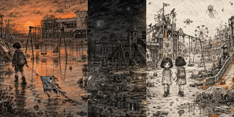 Surreal Abandoned Playground Ink Art