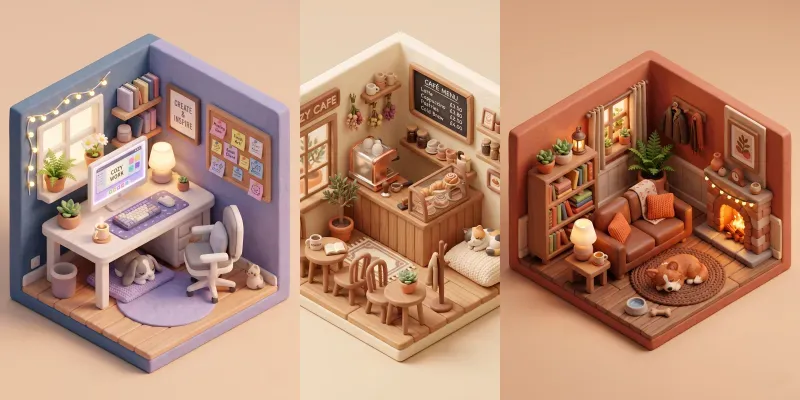 Cute 3D Isometric Pastel Room Dioramas generated by undefined
