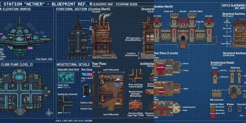 Pixel Art Building Blueprint Sheets