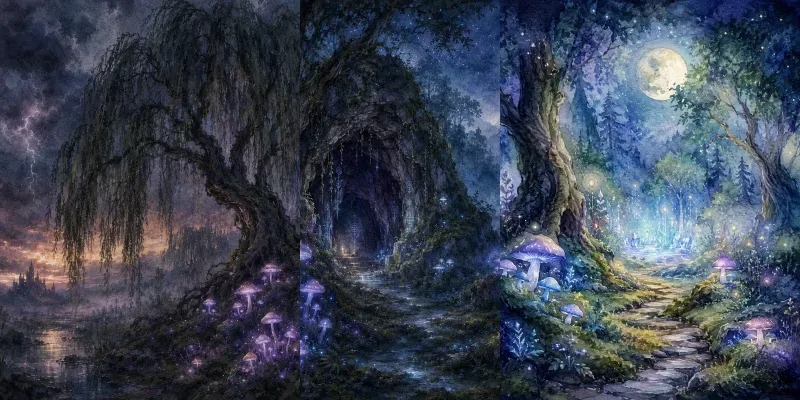 Watercolor Paintings Of Fantasy Forests generated by undefined