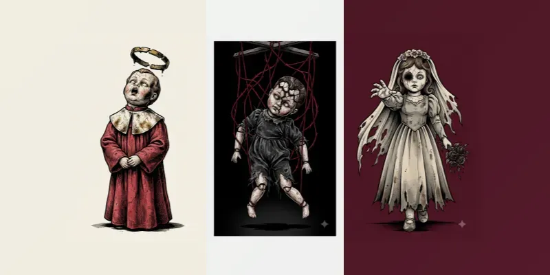 Vintage Horror Doll Linocut Illustrations generated by undefined