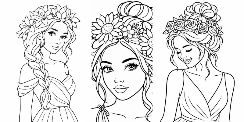 Bold Floral Girl Coloring Pages generated by undefined