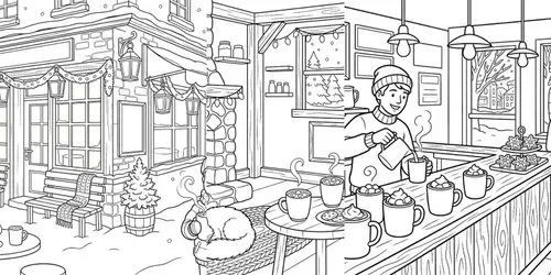 Cozy Hot Cocoa Cafe Coloring Pages generated by gemini-image