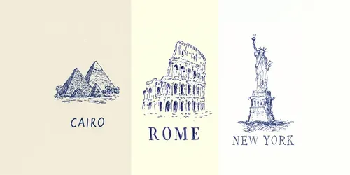 Minimal Blue Ink Travel Sketch Prints generated by midjourney