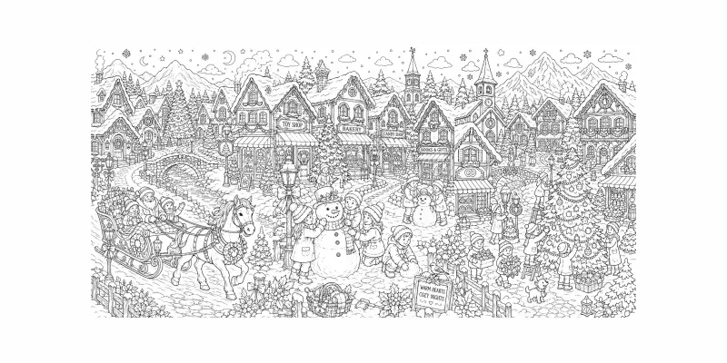 Christmas Village Snow Scenes Line Art generated by undefined
