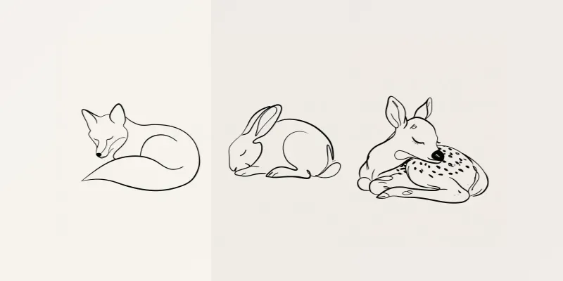 Sleepy Woodland Animals Minimal Line Art