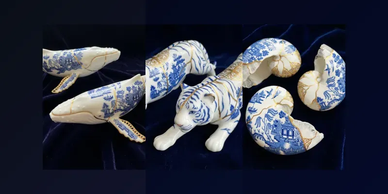 Blue Willow Kintsugi Porcelain Art generated by undefined