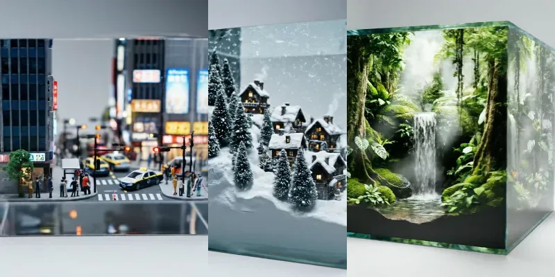 Cinematic Glass Cube Miniature Worlds generated by undefined