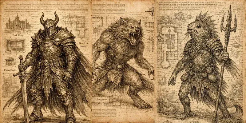 Sketches Of DnD Characters On Old Paper generated by undefined