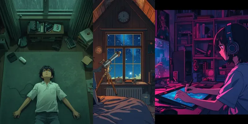 Cozy Anime Bedroom Night Illustrations generated by undefined