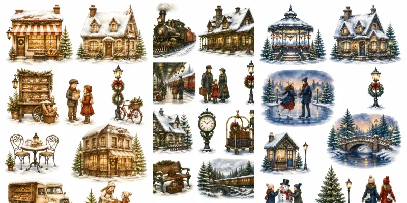 Watercolor Christmas Village Scenes generated by undefined