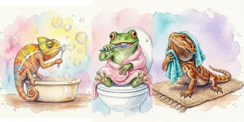 Watercolor Bath Reptile Characters generated by gemini-image