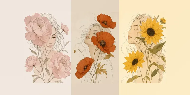 Boho Line Art Woman Floral Portraits generated by undefined