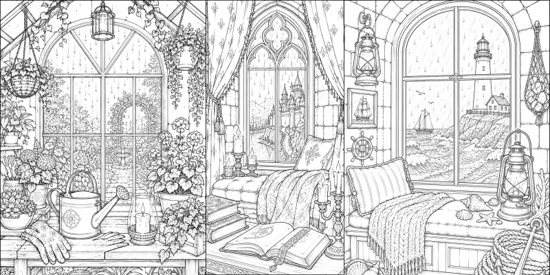 Cozy Rainy Day Windows Line Art generated by undefined