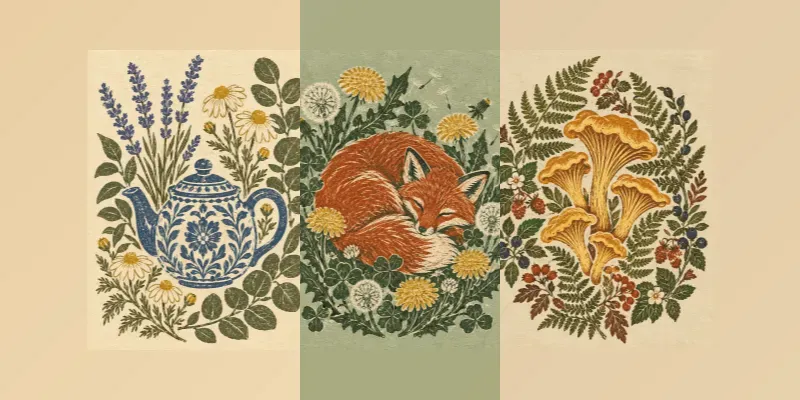Vintage Botanical Linocut Block Prints