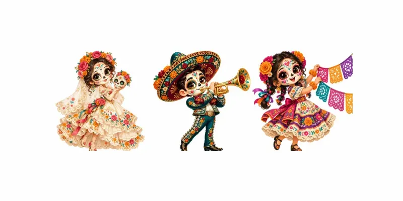 Whimsical Dia De Los Muertos Characters
