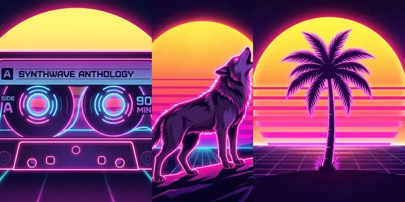 Synthwave Neon Outline Retro Sunset Art generated by undefined