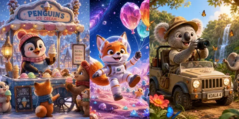Whimsical Cartoon Adventure Scenes generated by undefined