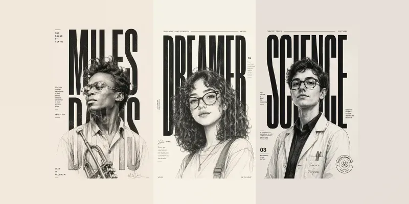 Editorial Character Typography Posters generated by undefined