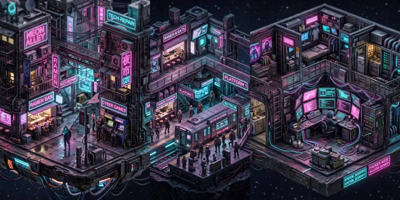 3D Isometric Cyberpunk Microworlds