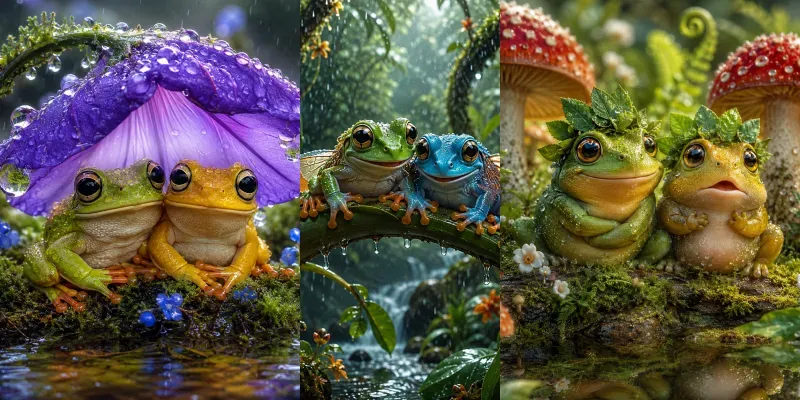 Whimsical Rainy Frog Couples