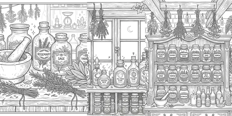 Witchy Herbal Apothecary Coloring Pages generated by undefined