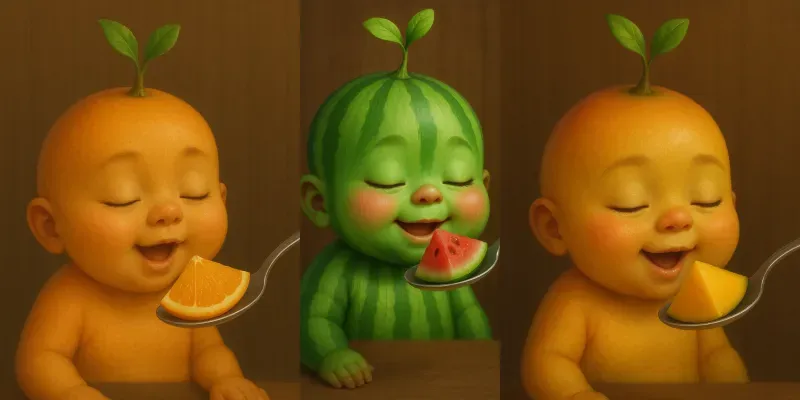 Whimsical Fruit Skin Babies Eating Fruit generated by undefined