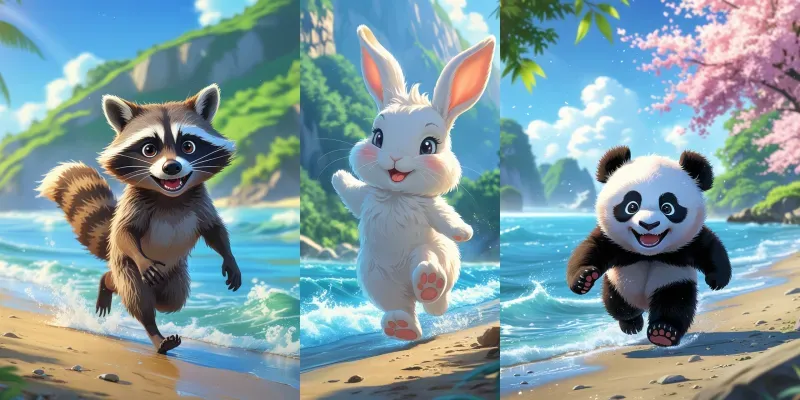 Joyful Anime Animals Running By The Water generated by undefined