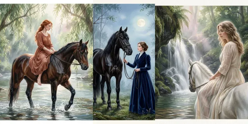 Women And Horses Gouache Illustrations generated by undefined