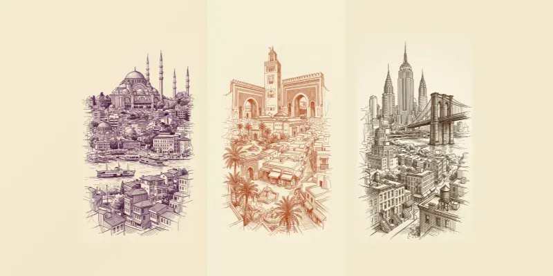 Single Color Ink Travel Poster Sketches