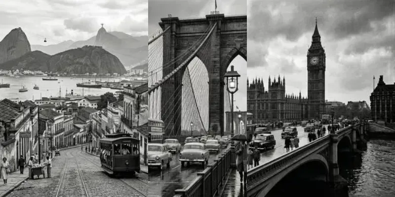 Vintage Rain Black White Cityscapes generated by undefined