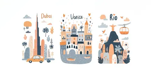 Cute City Travel Poster Illustrations generated by midjourney
