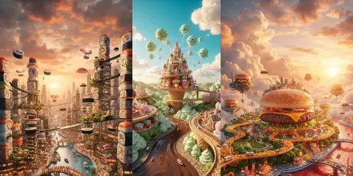 Surreal Food City Worlds generated by gemini-image