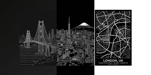 White On Black City Posters generated by gemini-image