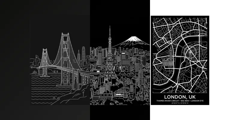 White On Black City Posters generated by undefined