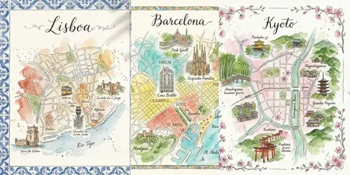 Watercolor Ink Illustrated City Maps generated by gemini-image